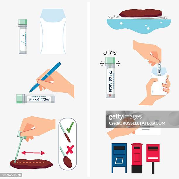 bowel cancer home test screening kit 'how to' instructions. step by step stool sample handling and collection procedure illustration - step stool not ladder stock illustrations