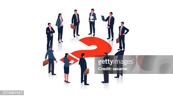 Discussing and analyzing problems, brainstorming solutions together. An isometric view of a group of businesspeople standing around a giant question mark. Discussing and analyzing problems, brainstorming solutions together. An isometric view of a group of businesspeople standing around a giant question mark.