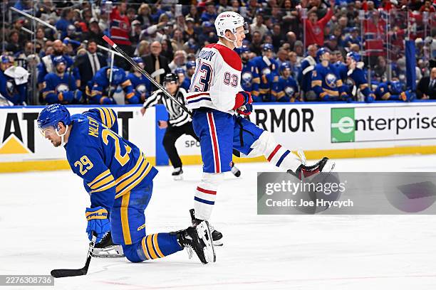 Ivan Demidov of the Montréal Canadiens celebrates a third period in front of Beck Malenstyn of the Buffalo Sabres in Game Five of the Second Round of...