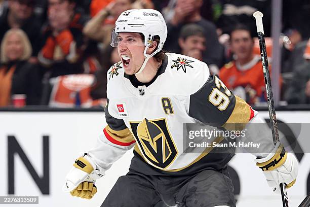 Mitch Marner of the Vegas Golden Knights celebrates after scoring a first period goal against the Anaheim Ducks in Game Six of the Second Round of...