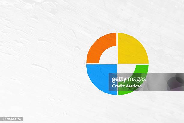 abstract circular circle logo painted in multicolor with a ring or disk shape circle divided in green, blue, yellow and orange colors white vector background leaving copy space for market share study, business portfolio analysis - right angle logo stock illustrations