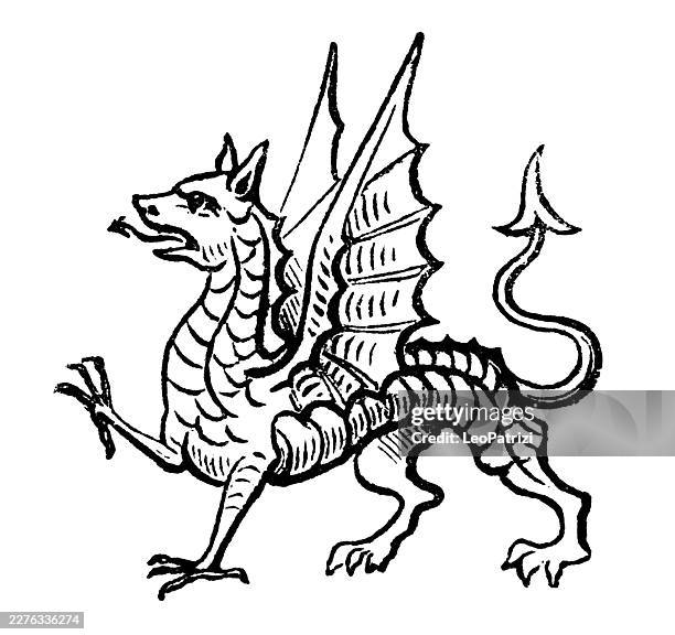 heraldic dragon standing in profile with outstretched wings - dragon stock illustrations