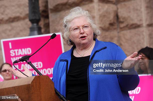 American attorney Sarah Weddington speaks, during a Planned Parenthood rally, outside the Texas State Capitol, Austin, Texas, March 8, 2011. Behind...