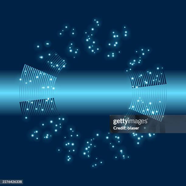 glowing blue light bands form a circular ring on a dark navy background, surrounded by scattered sparkling dots and a bright horizontal light streak across the center. - bright future stock illustrations