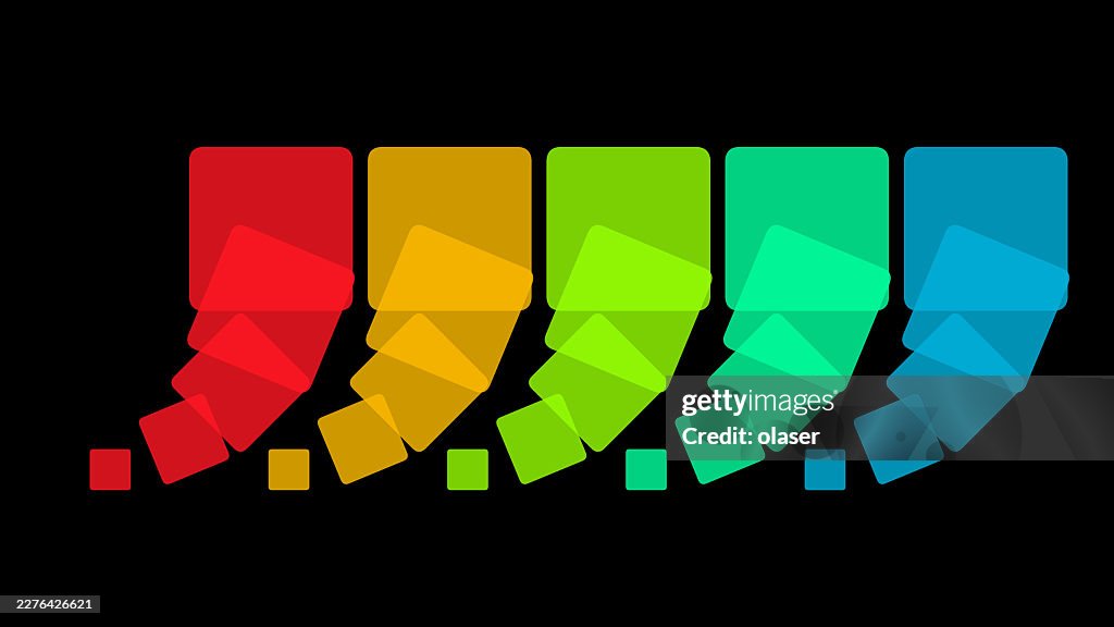 Colorful translucent squares and rectangles cascade diagonally across a black background, shifting from red through yellow, green, teal, and blue in a smooth, layered arrangement.
