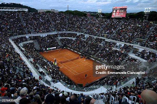 General view of Centre Court and Jannik Sinner of Italy against Daniil Medvedev during their Men's Singles Semi-final match on Day Eleven of the...