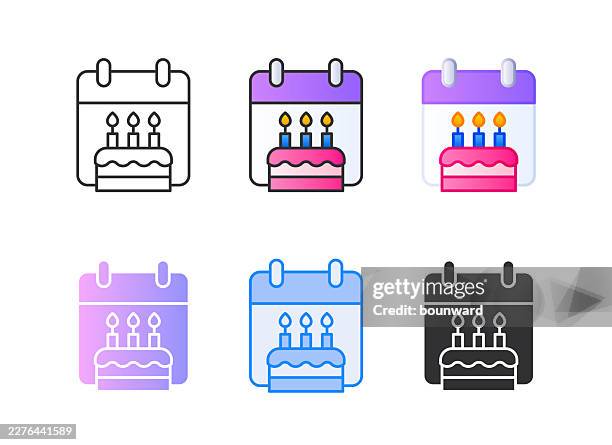 calendar birthday cake icon. 6 different styles. editable stroke. - memory candle stock illustrations