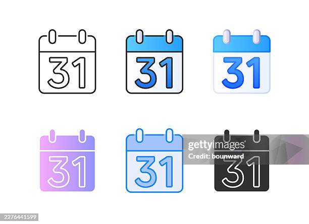 calendar 31 number icon. 6 different styles. editable stroke. - date icon stock illustrations