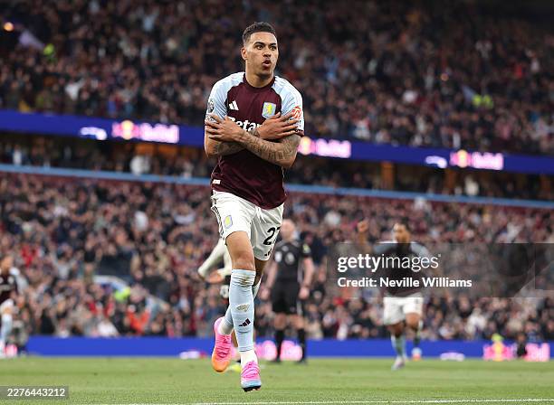 Morgan Rogers of Aston Villa celebrates scoring his team's first goal during the Premier League match between Aston Villa and Liverpool at Villa Park...