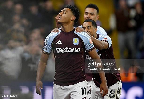 Ollie Watkins of Aston Villa celebrates scoring his team's second goal during the Premier League match between Aston Villa and Liverpool at Villa...