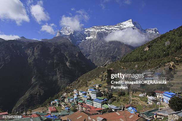 view from namche bazar, village in the everest national park, nepal - namche bazaar stock pictures, royalty-free photos & images