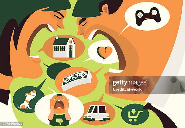 angry couple arguing with speech bubbles - car frustration stock illustrations