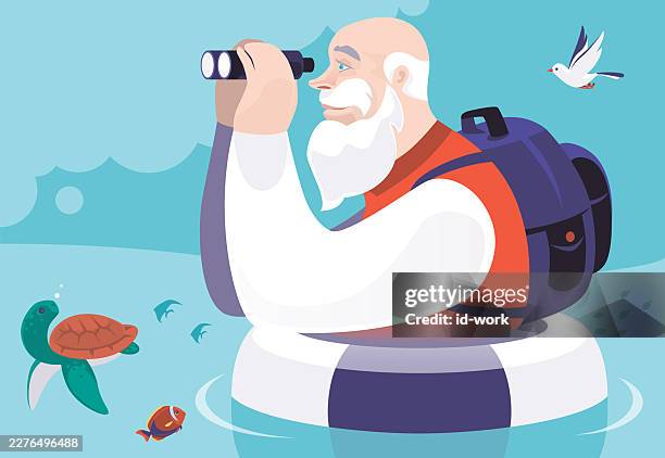 senior man in buoy finding direction with binoculars - quest for retirement plan stock illustrations