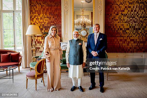 King Willem-Alexander of The Netherlands, Queen Maxima of The Netherlands and Prime Minister Narendra Modi of India during their meeting at Huis ten...