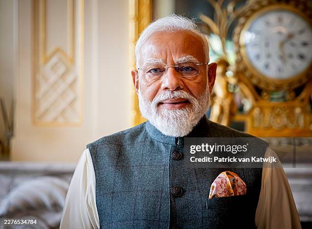 King Willem-Alexander of The Netherlands, Queen Maxima of The Netherlands and Prime Minister Narendra Modi of India during their meeting at Huis ten...