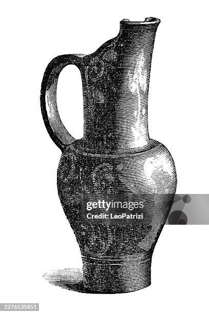 line drawing engraving of an ancient classical black glazed pottery water pitcher from greece - clay pot stock illustrations
