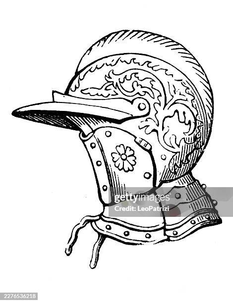 line drawing engraving of a decorative renaissance cavalry helmet known as a burgonet featuring embossed leaf scrollwork - traditional helmet stock illustrations