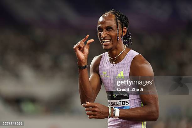 Alison dos Santos of Brazil celebrates winning the men's 300m hurdles event during the Wanda Diamond League Shanghai on May 16, 2026 in Shanghai,...
