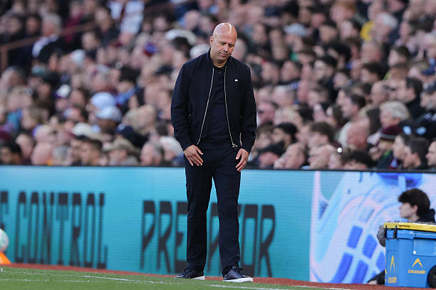 Arne Slot, head coach of Liverpool, looks dejected during the Premier League match between Aston Villa and Liverpool at Villa Park on May 15, 2026 in...