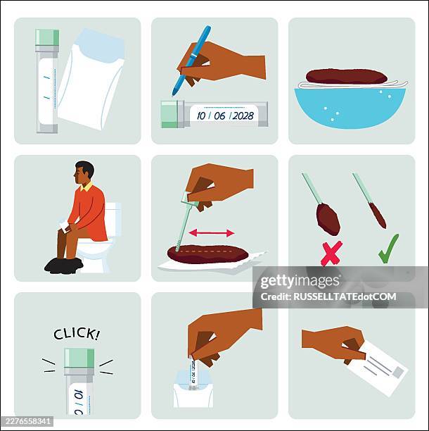 step by step medical instruction illustration for bowel cancer. test screening kit using fecal sample collection - stool sample stock illustrations