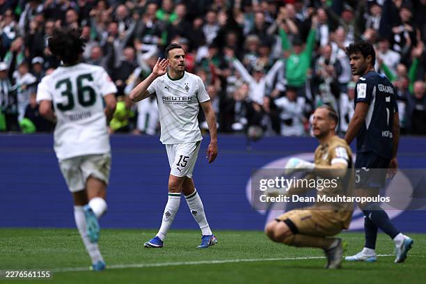 Haris Tabakovic of Borussia Monchengladbach celebrates scoring his team's second goal during the Bundesliga match between Borussia Mönchengladbach...
