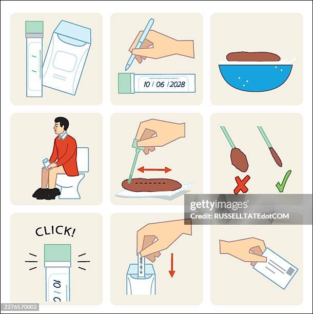 keyline illustration of step by step medical instruction illustration for bowel cancer. test screening kit using fecal sample collection - enterococcus faecalis stock illustrations
