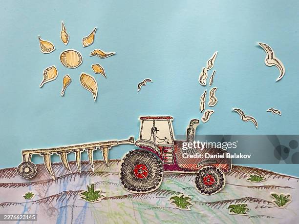 farming with tractor plowing field under sun - red tractor stock illustrations