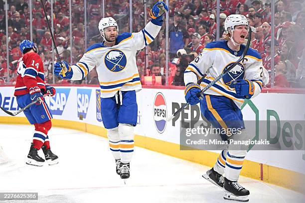 Rasmus Dahlin of the Buffalo Sabres celebrates after scoring a first period goal against the Montréal Canadiens in Game Six of the Second Round of...