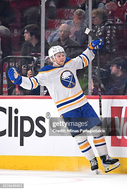 Konsta Helenius of the Buffalo Sabres celebrates after scoring a second period goal against the Montréal Canadiens in Game Six of the Second Round of...