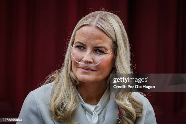 Crown Princess Mette Marit of Norway attends the Norwegian Constitution Day with the children's parade at their residence Skaugum on May 17, 2026 in...