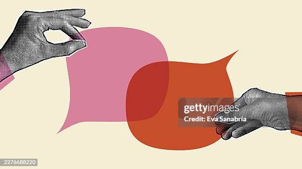 different hands in halftone assembling a bubble speech - colleagues talking stock illustrations