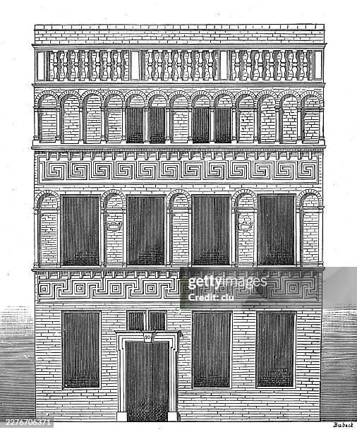 house in bruges with geometric renaissance façade — arched windows and patterned bands give the tall town house a strict, ornamental rhythm - bruges stock illustrations