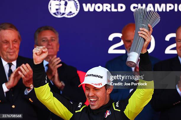 Second placed Felipe Drugovich of Brazil and Andretti Formula E celebrates on the podium during the Monaco E-Prix, Round 10 of the 2026 FIA Formula E...