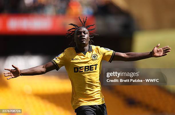 Mateus Mane of Wolverhampton Wanderers celebrates scoring his team's first goal during the Premier League match between Wolverhampton Wanderers and...