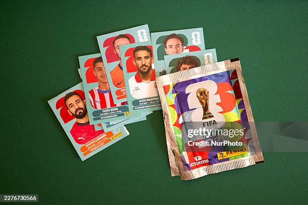 Football player stickers and official Panini FIFA World Cup 2026 sticker packets are displayed in Palermo, Italy, on May 20 ahead of the 2026 FIFA...