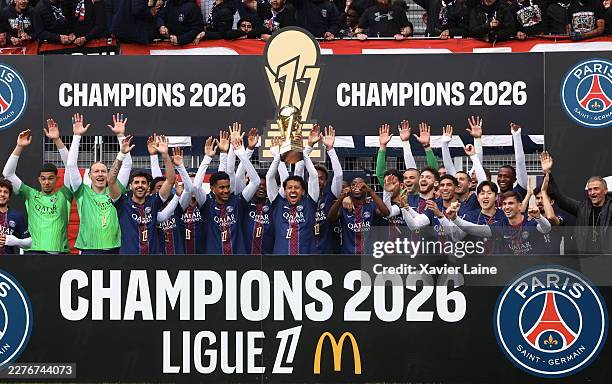 Captain, Marquinhos of Paris Saint-Germain and teammates celebrate the Ligue 1 McDonald's Championship Trophy after the Ligue 1 McDonald's match...
