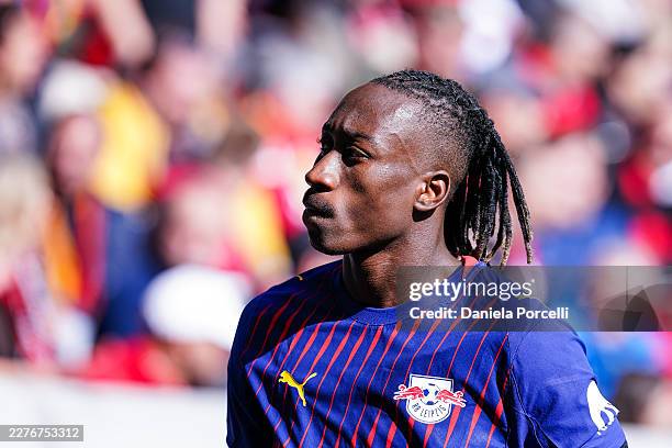 Yan Diomande of RB Leipzig looks on during the Bundesliga match between SC Freiburg and RB Leipzig at Europa-Park Stadion on May 16, 2026 in Freiburg...