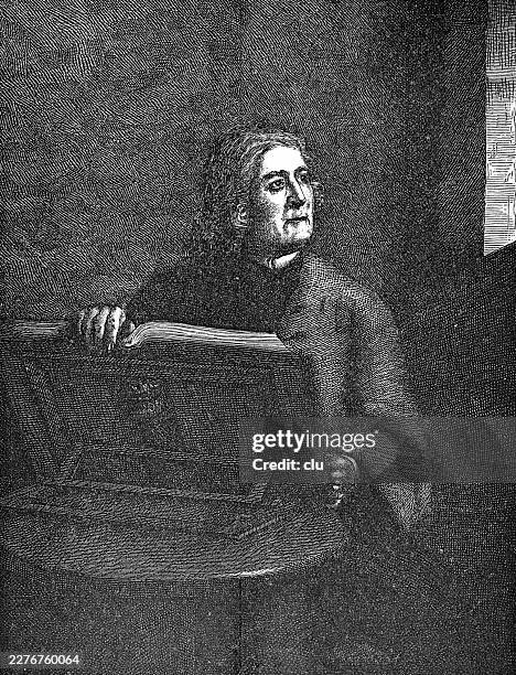 scholar holding a large open book — the thoughtful man sits in deep shadow, as if pausing between reading and reflection - window light portrait stock illustrations