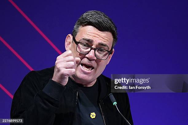 Andy Burnham, Mayor of Greater Manchester, gives a speech during The Great North Investment Summit at the Royal Armouries Museum on May 18, 2026 in...