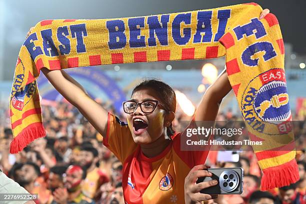 East Bengal FC supporters after they win ISL trophy at Kishore Bharati Stadium on May 21, 2026 in Kolkata, India. Jubilant scenes of raw emotion and...