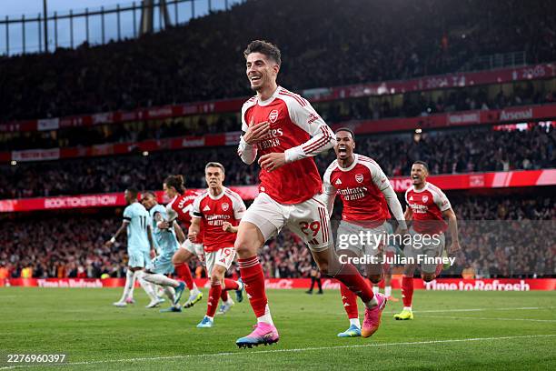 Kai Havertz of Arsenal celebrates scoring his team's first goal during the Premier League match between Arsenal and Burnley at Emirates Stadium on...