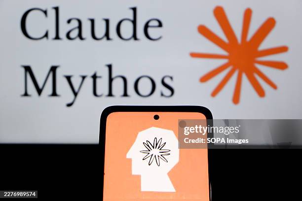 In this photo illustration, the Anthropic logo is seen on a smartphone with a Claude mythos logo in the background.