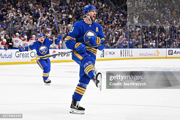 Mattias Samuelsson of the Buffalo Sabres celebrates after scoring a goal against the Montréal Canadiens during the second period in Game Seven of the...