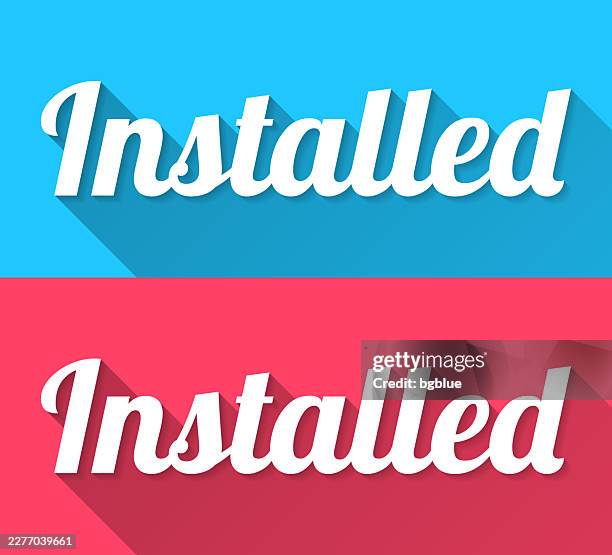 installed - flat design with long shadow on blue and red background - light installation stock illustrations
