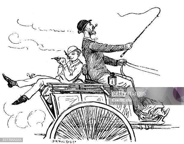 two comic characters riding in a carriage — a pipe-smoking driver holds the whip while a young snob lounges behind him with careless ease - arrogant driver stock illustrations