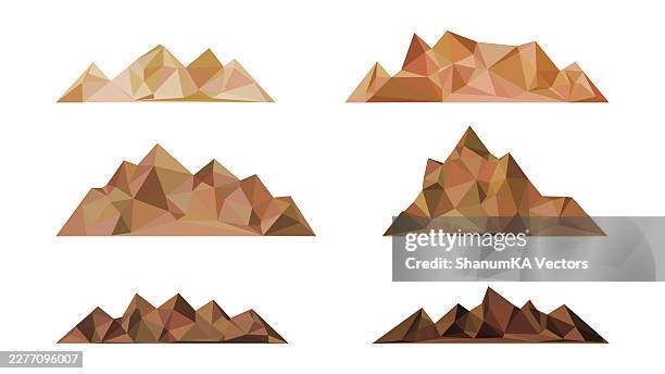 abstract mountain logo vector with snow peak, low poly triangle landscape illustration, retro adventure badge design, hiking and climbing icon symbol, color gradient alpine nature emblem for travel tourism branding - mt everest stock illustrations