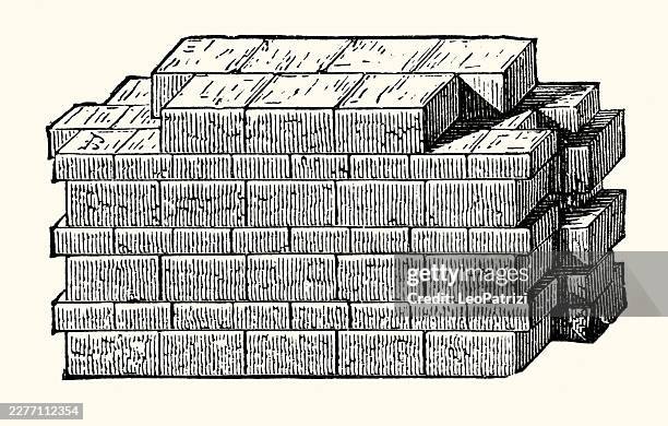 historical engraving demonstrating a classical stone masonry wall technique composed of alternating unequal block courses - unequal stock illustrations