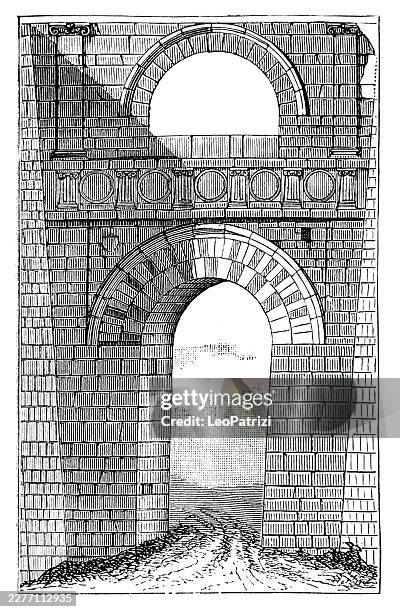 architectural drawing showcasing a monumental ancient stone gateway featuring stacked concentric arches and decorative friezes - front gate stock illustrations