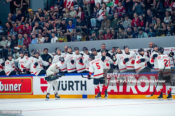 Denton Mateychuk of Canada celebrates his goal with teammates during the 2026 IIHF Ice Hockey World Championship Switzerland game between Canada and...