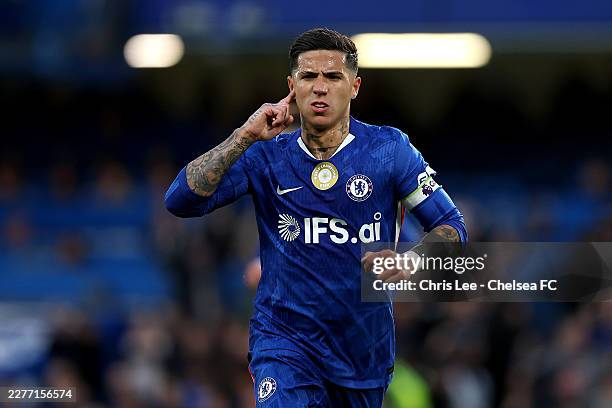 Enzo Fernandez of Chelsea celebrates scoring his team's first goal during the Premier League match between Chelsea and Tottenham Hotspur at Stamford...